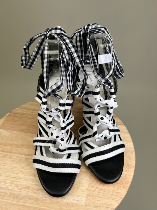 Gianni Bini Black and White Striped Gingham Polka Dots Strappy Heels Size 9 - Picture 4 of 14